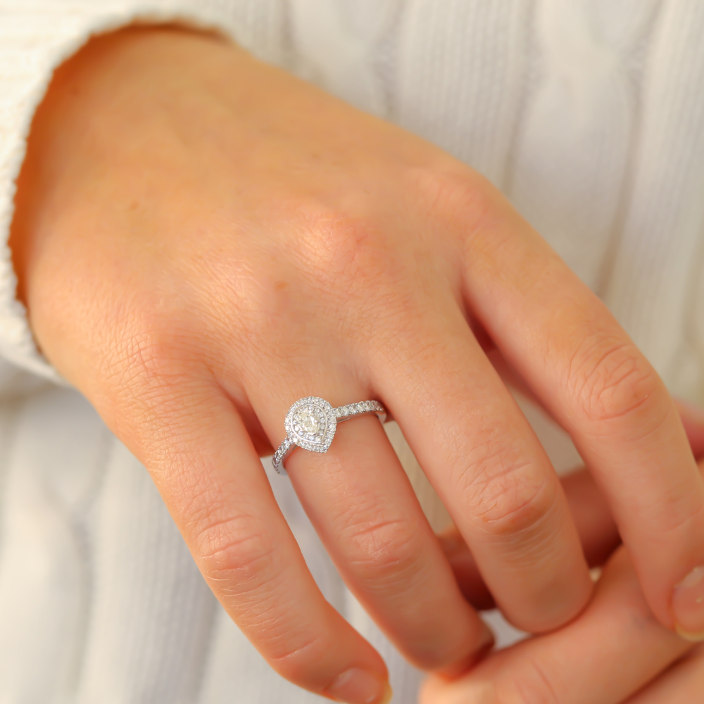 Double Halo Pear Diamond Ring in White Gold