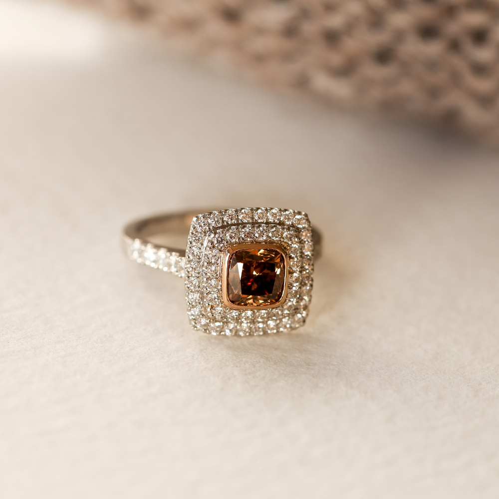 Double Halo Cushion Cut Cognac Diamond in Platinum & 18ct Gold