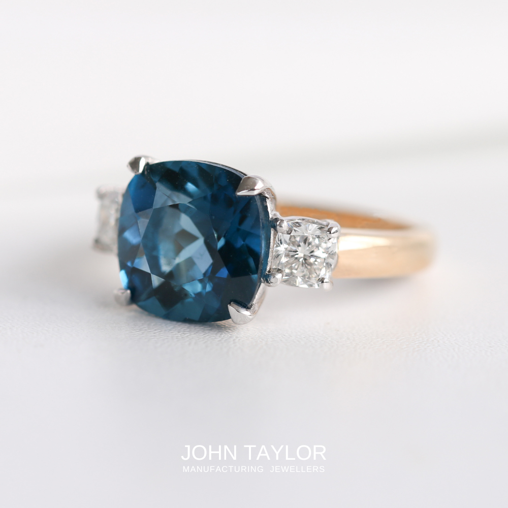 4.56ct Cushion-cut London Blue Topaz and Diamond Dress Ring