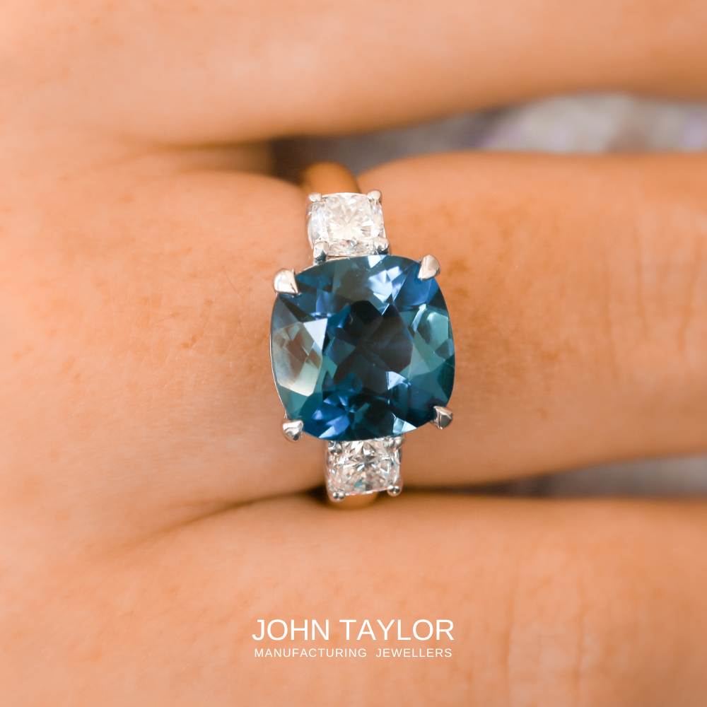 4.56ct Cushion-cut London Blue Topaz and Diamond Dress Ring