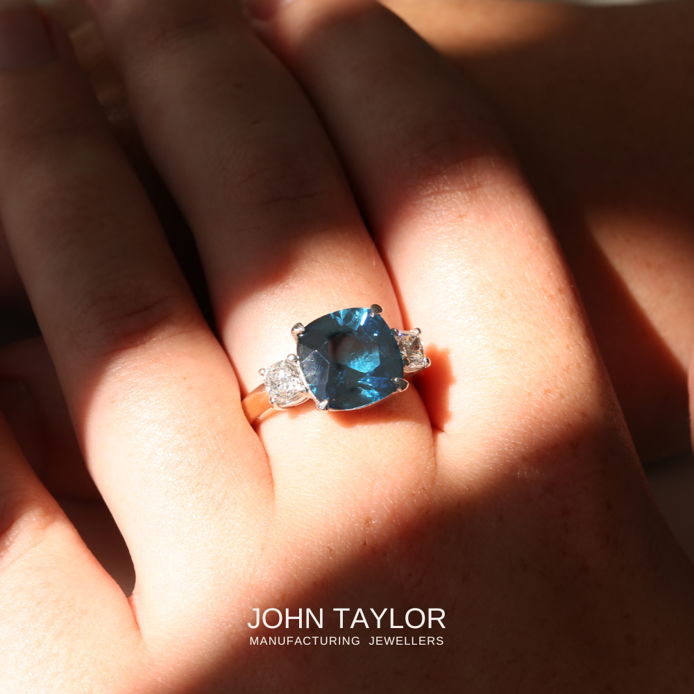 4.56ct Cushion-cut London Blue Topaz and Diamond Dress Ring