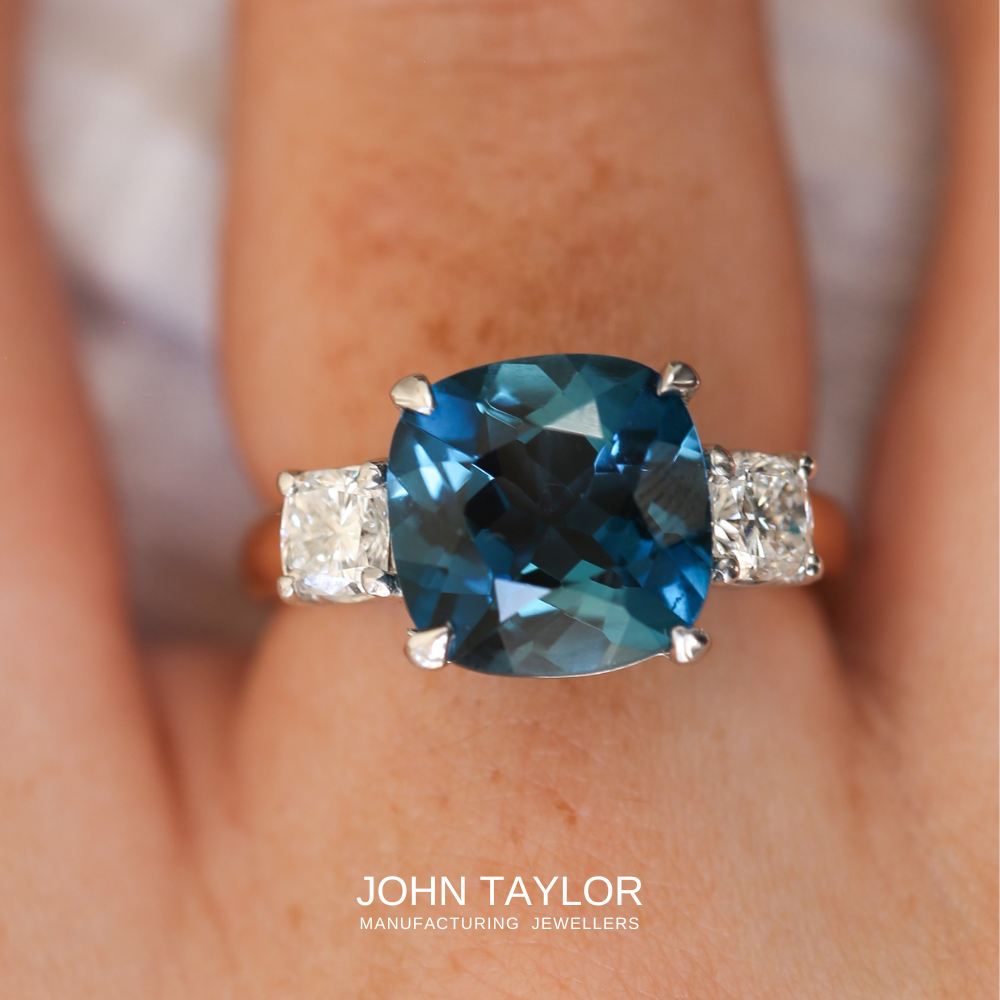 4.56ct Cushion-cut London Blue Topaz and Diamond Dress Ring