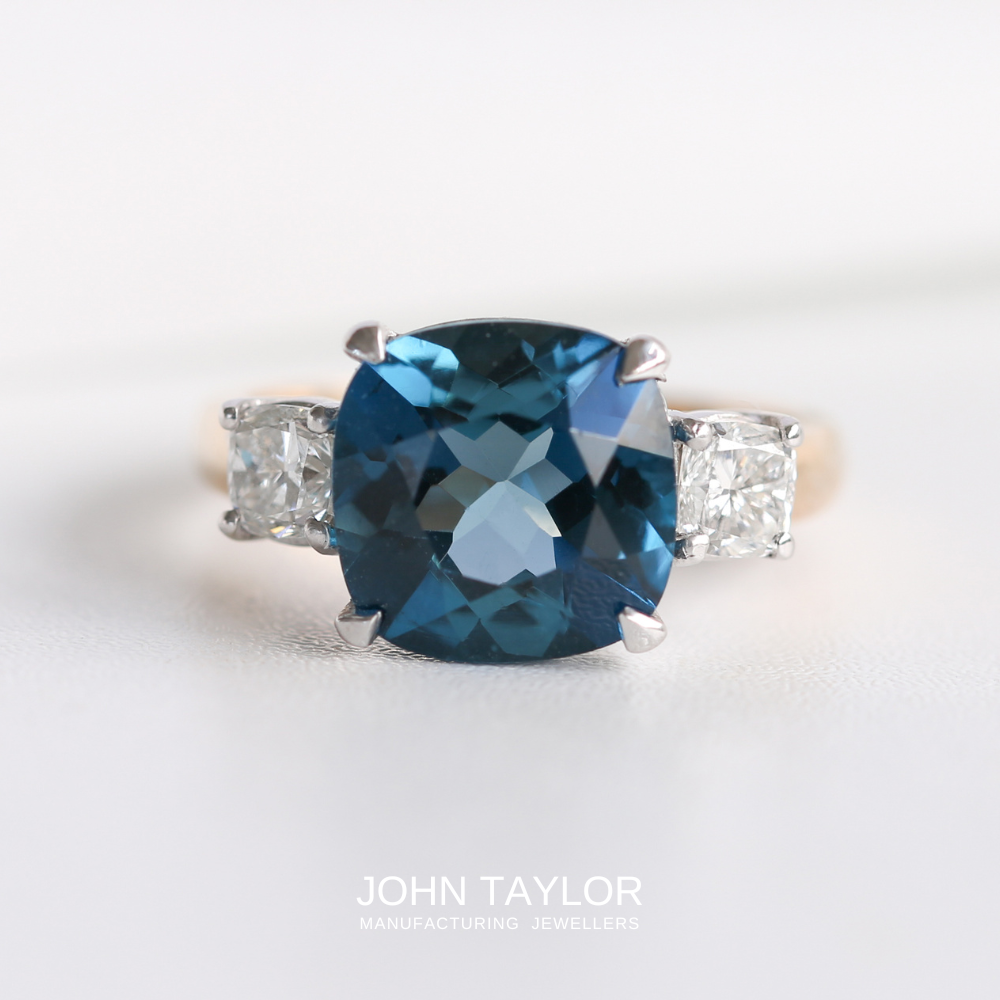 4.56ct Cushion-cut London Blue Topaz and Diamond Dress Ring