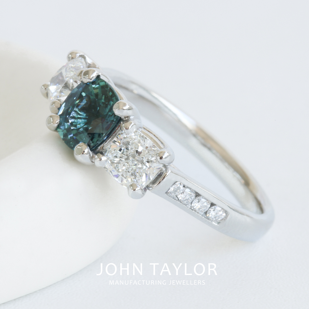 Cushion Cut Montana Sapphire and Diamond Ring in Platinum