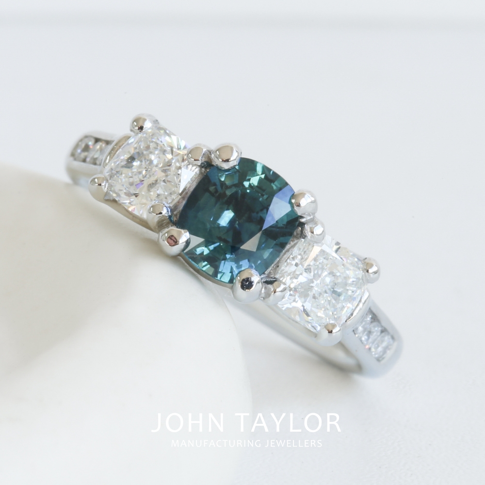 Cushion Cut Montana Sapphire and Diamond Ring in Platinum