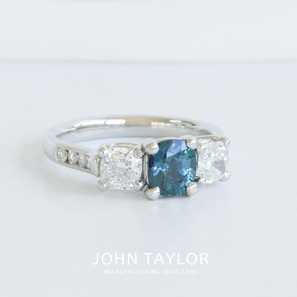 Cushion Cut Montana Sapphire and Diamond Ring in Platinum