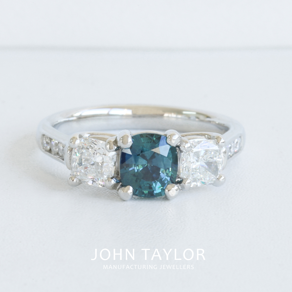 Cushion Cut Montana Sapphire and Diamond Ring in Platinum