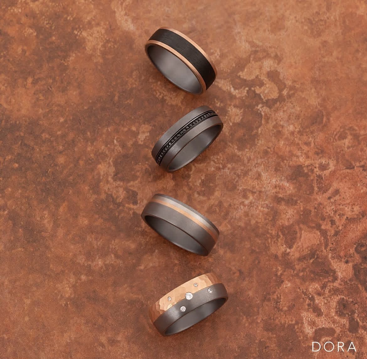 DORA Men's Tantalum & Hammered Rose Gold Ring with Scattered White Diamond