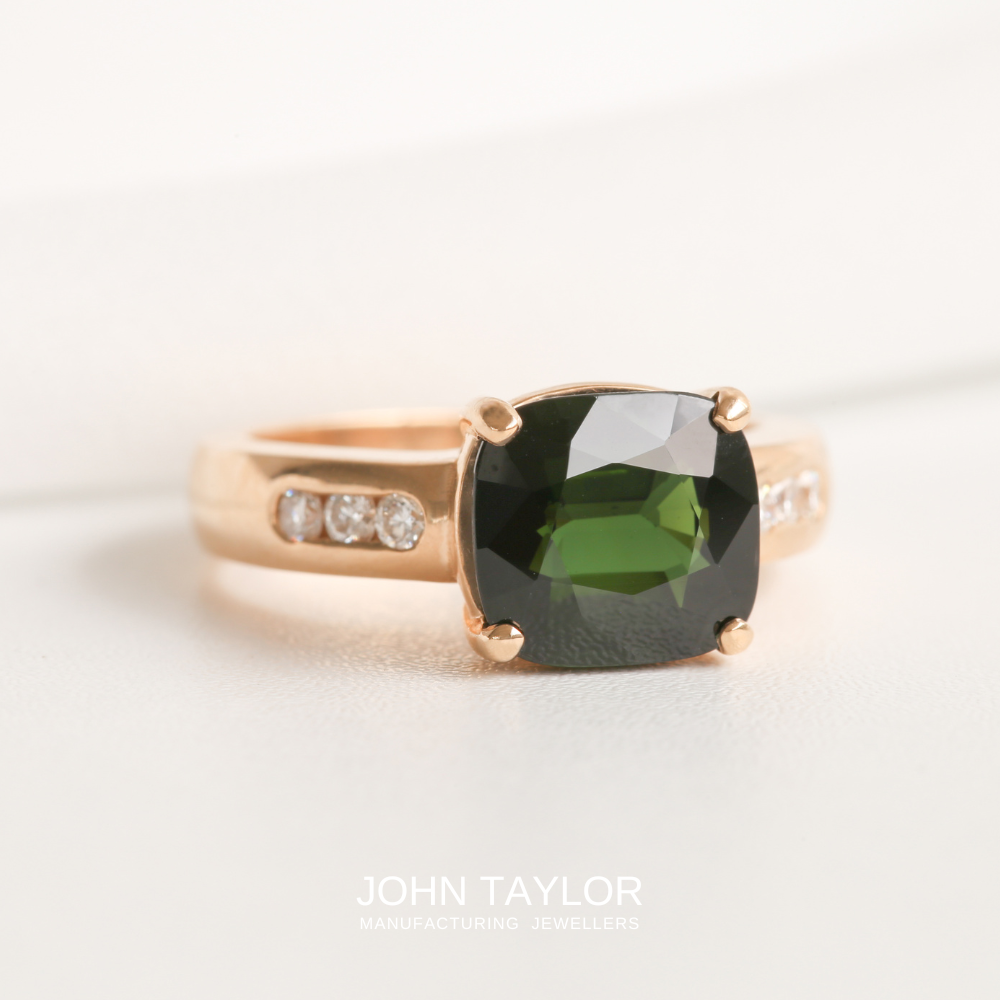 3ct Deep Green Cushion Cut Dress Ring With Diamonds