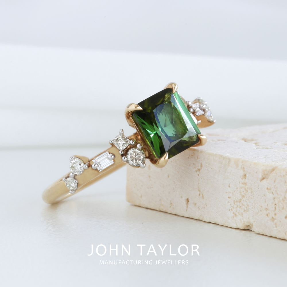 Emerald Cut Green Tourmaline & Diamond Asymmetric Cluster Ring