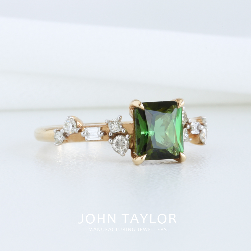 Emerald Cut Green Tourmaline & Diamond Asymmetric Cluster Ring