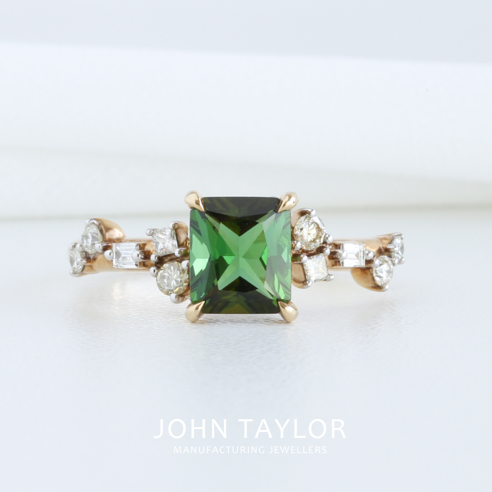 Emerald Cut Green Tourmaline & Diamond Asymmetric Cluster Ring