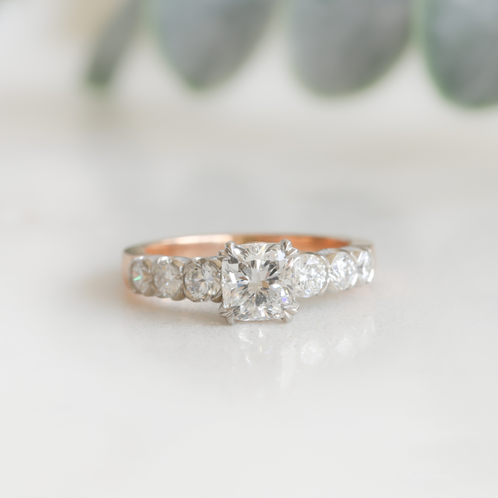 Cushion-cut Seven Stone Diamond Ring in Platinum and Rose Gold