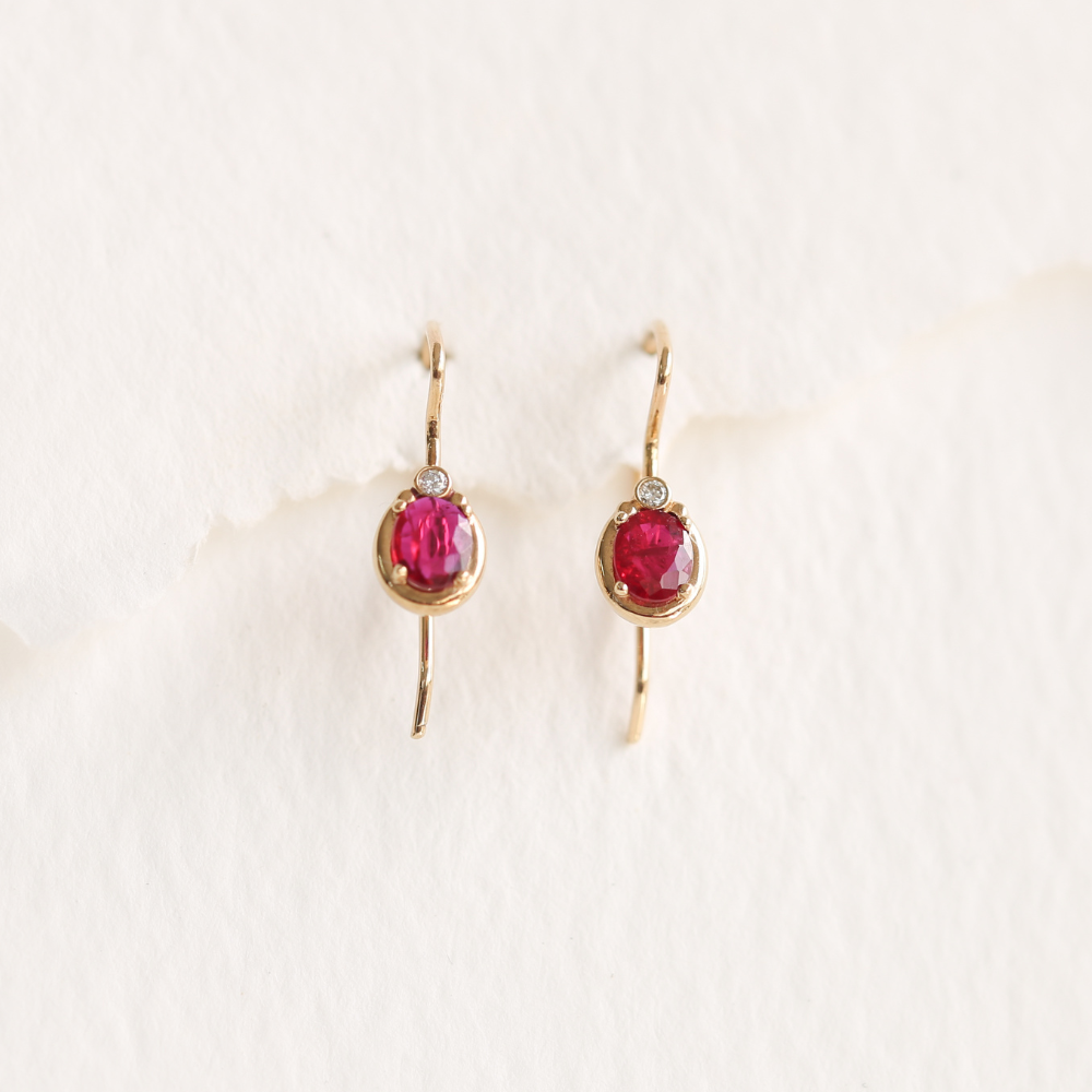 Oval Ruby & Diamond Hook Earrings in 9ct Gold