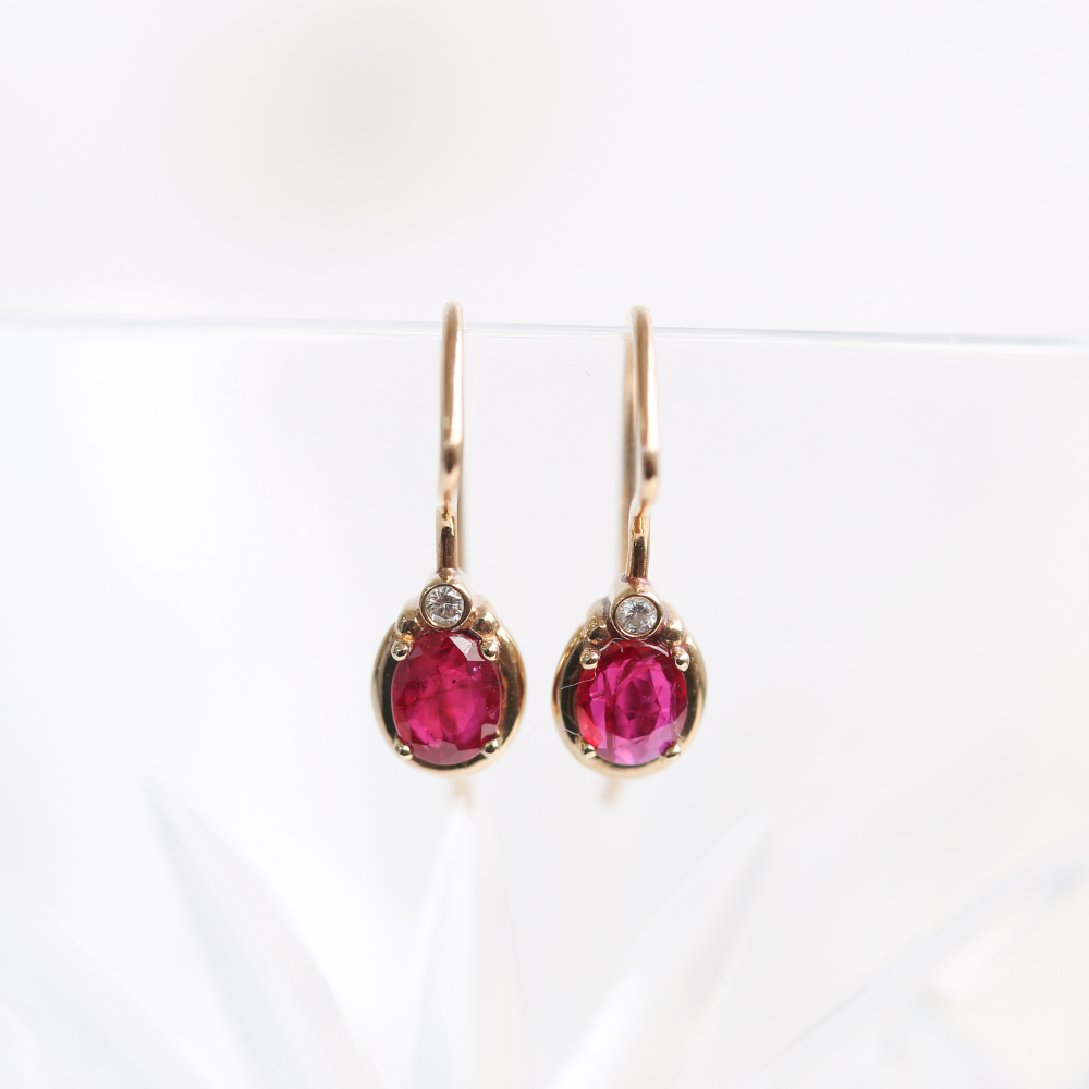 Oval Ruby & Diamond Hook Earrings in 9ct Gold