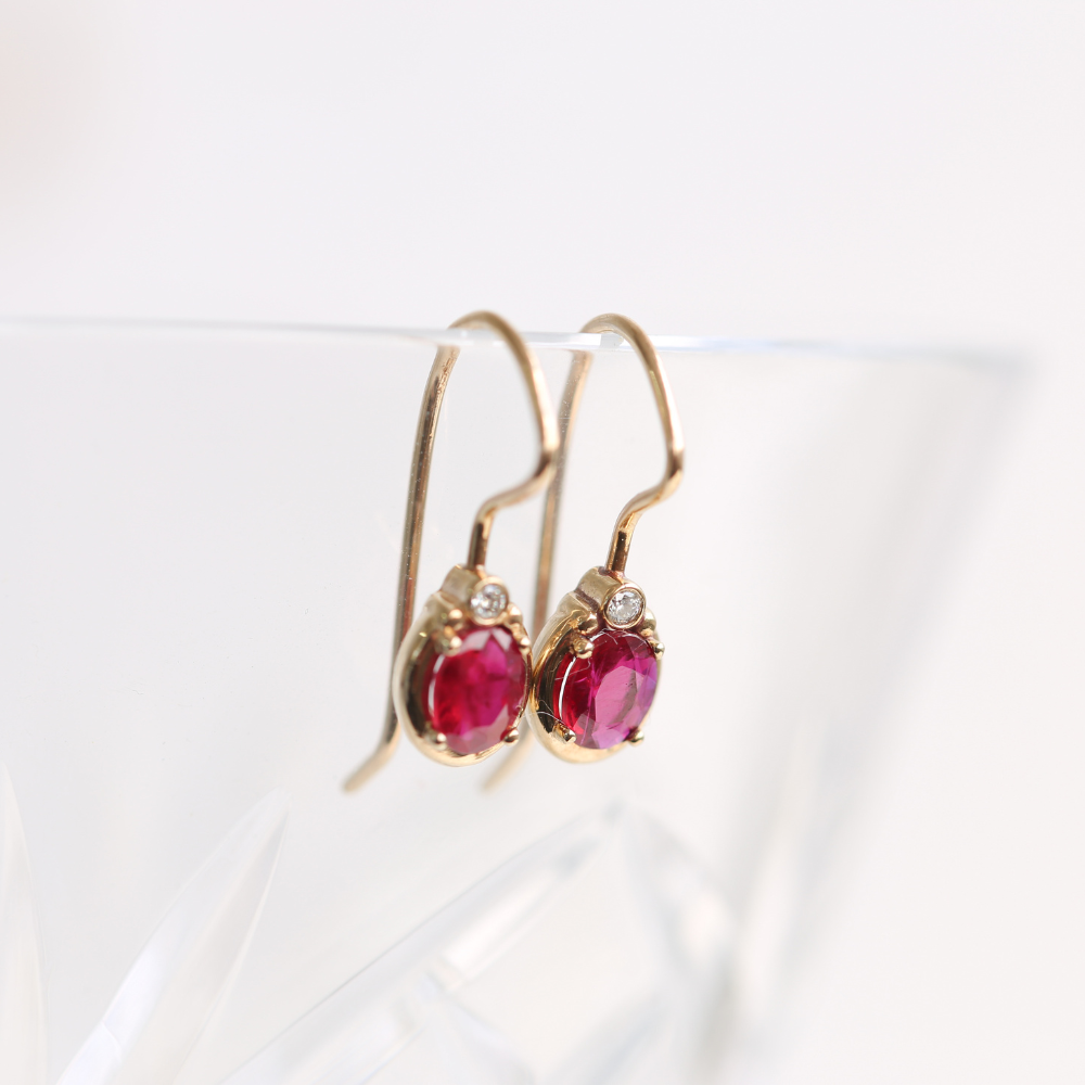 Oval Ruby & Diamond Hook Earrings in 9ct Gold