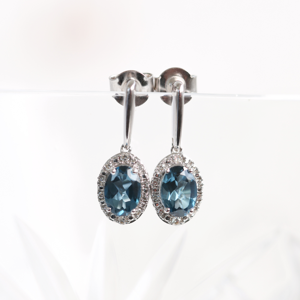 Diamond & London Blue Topaz Drop Earrings in 9ct White Gold