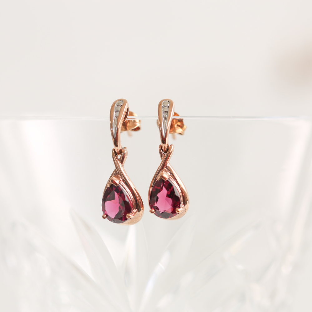 Rhodolite Garnet & Diamond Drop Earrings in 9ct Rose Gold