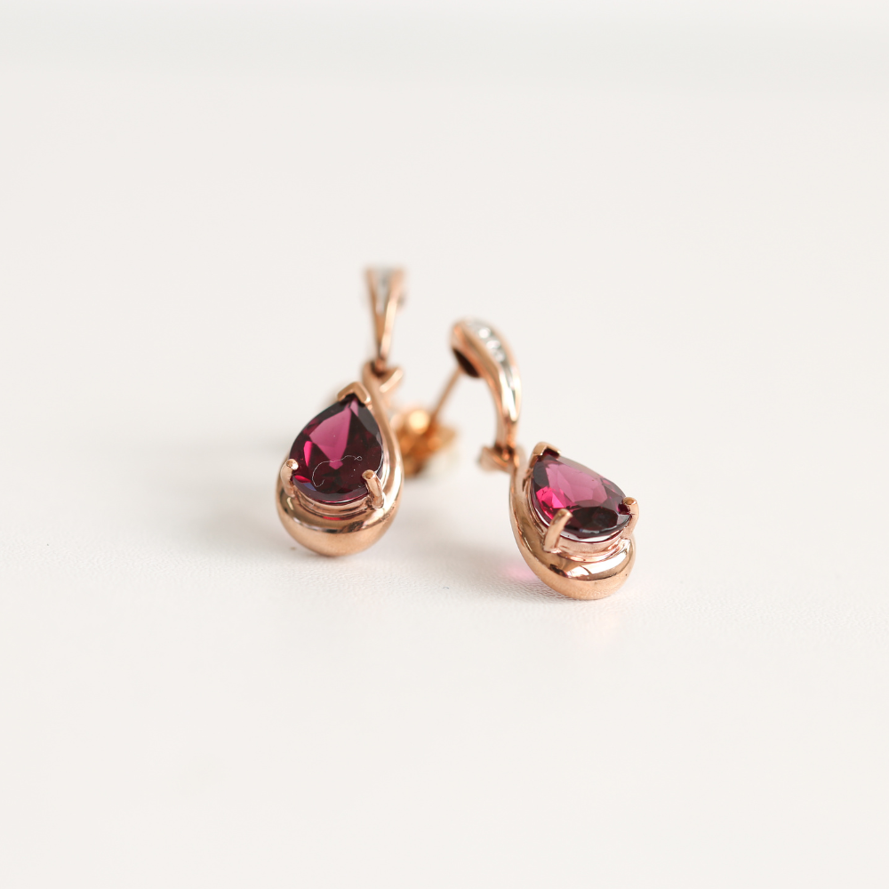 Rhodolite Garnet & Diamond Drop Earrings in 9ct Rose Gold