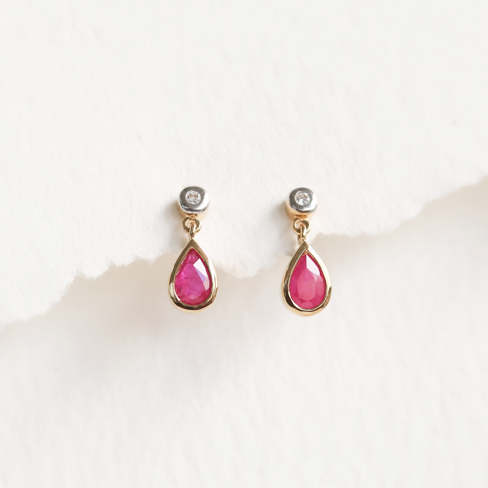 Pear Ruby & Diamond Drop Earrings in 9ct Gold