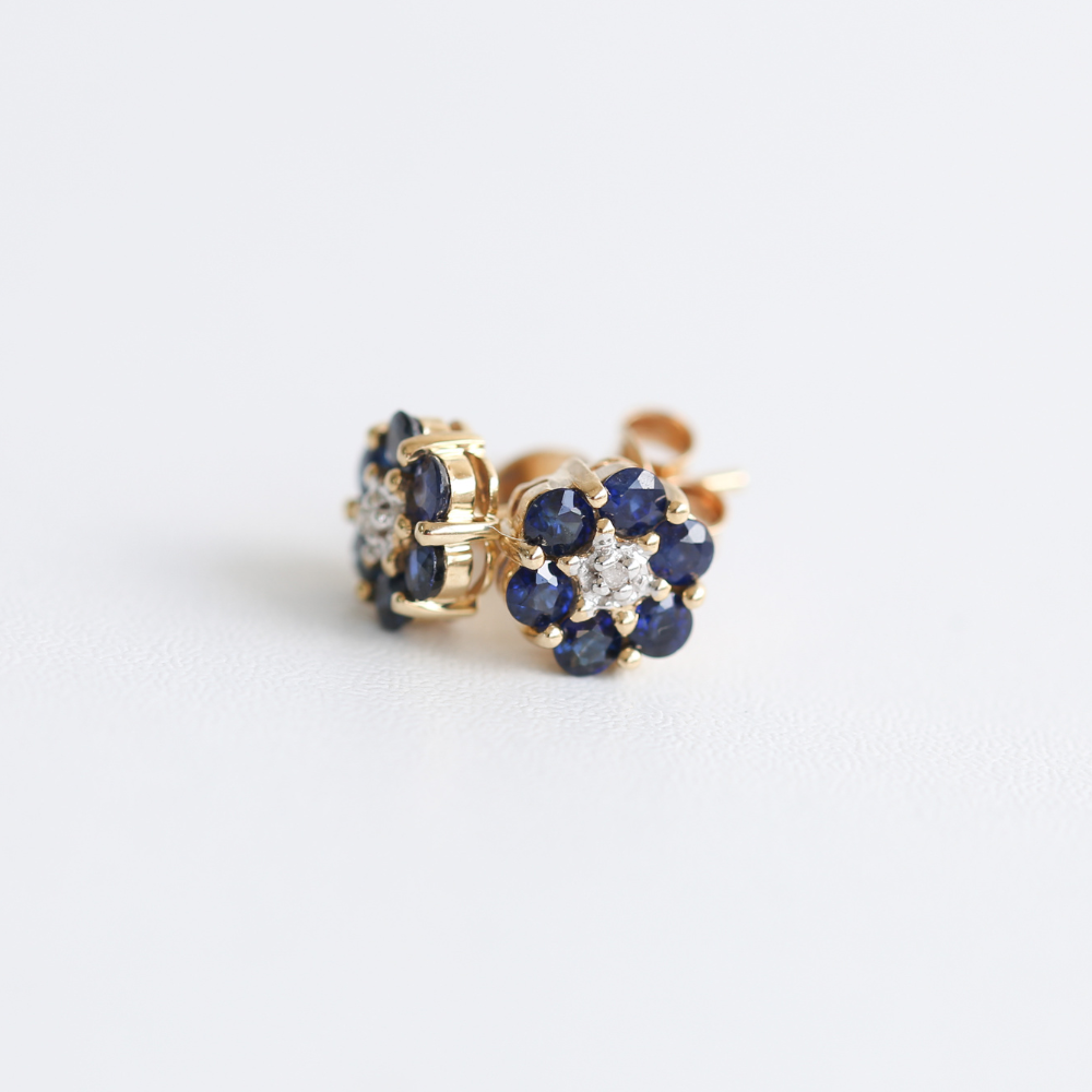 Sapphire & Diamond Cluster Stud Earrings in 9ct Gold