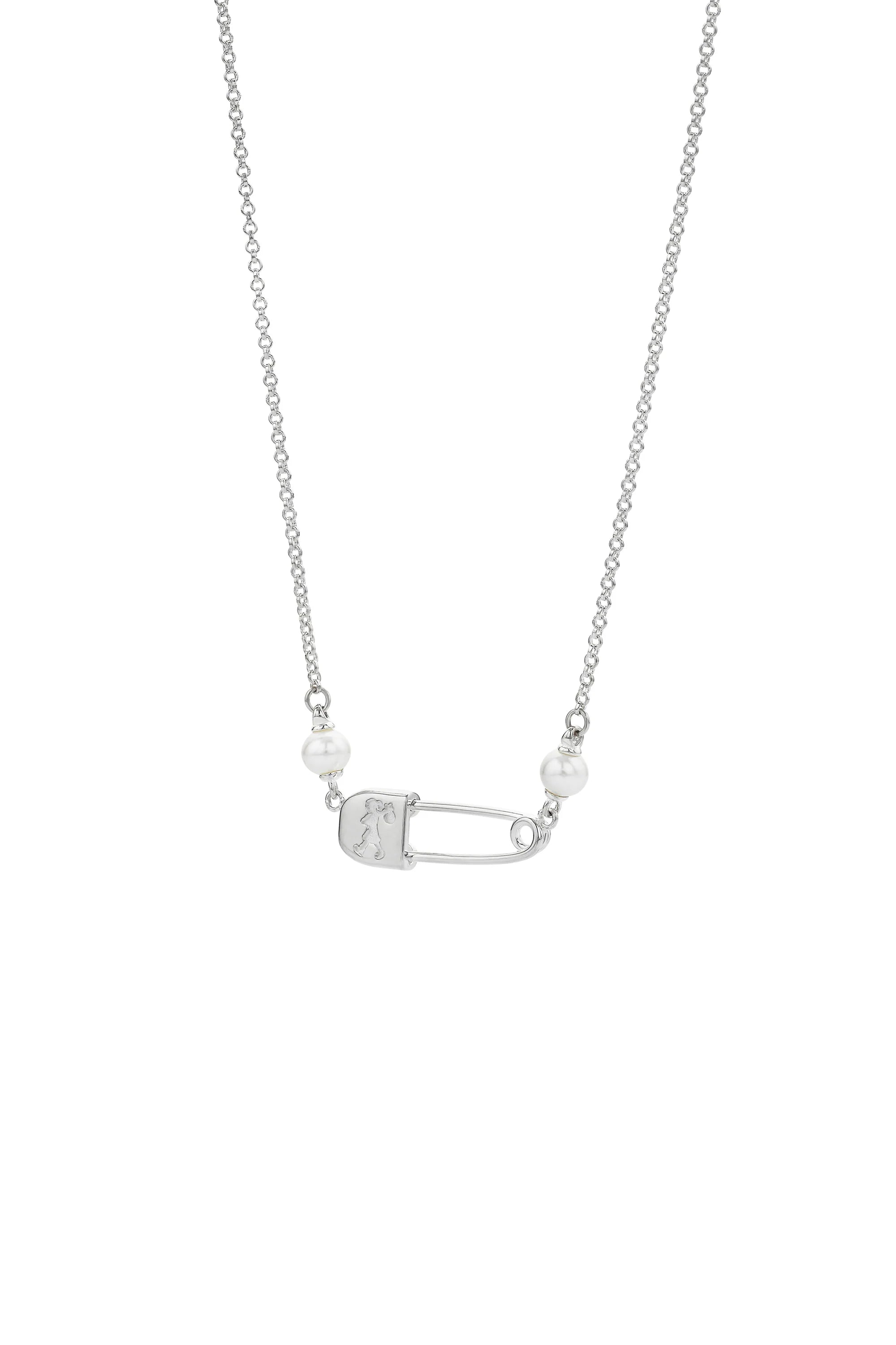 Karen Walker Runaway Safety Pin Necklace Silver with FW Pearls