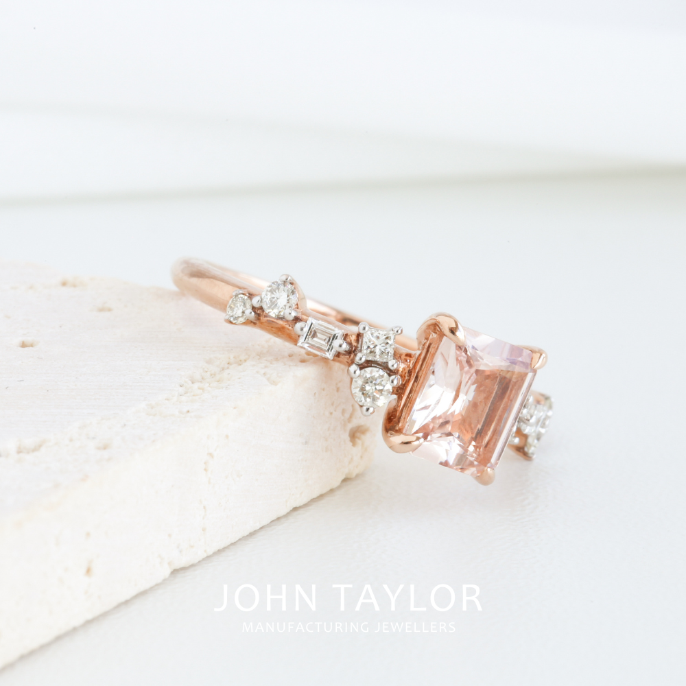 Emerald Cut Morganite & Diamond Asymmetric Cluster Ring