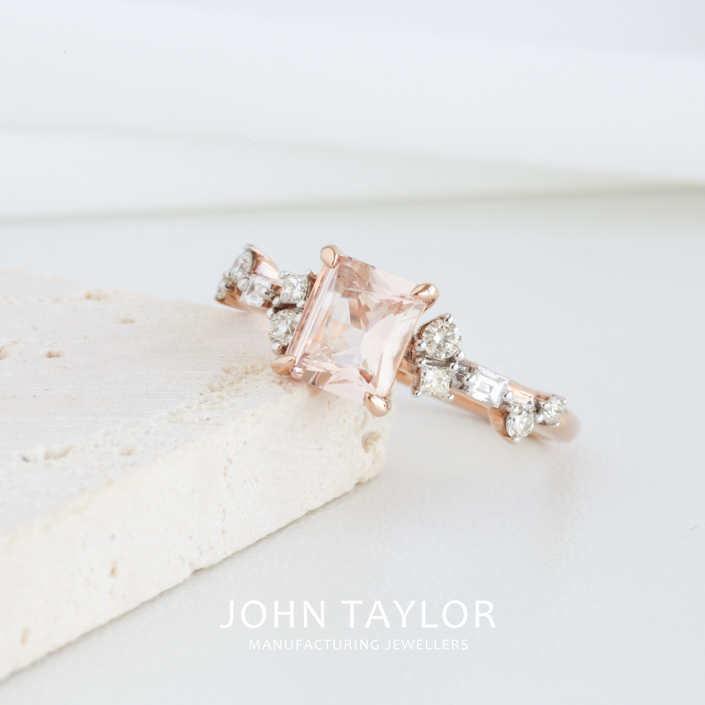 Emerald Cut Morganite & Diamond Asymmetric Cluster Ring