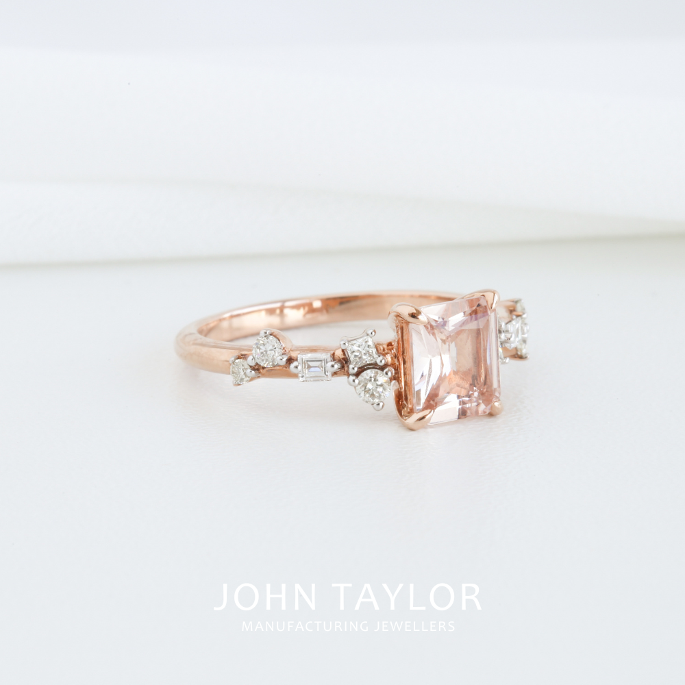 Emerald Cut Morganite & Diamond Asymmetric Cluster Ring