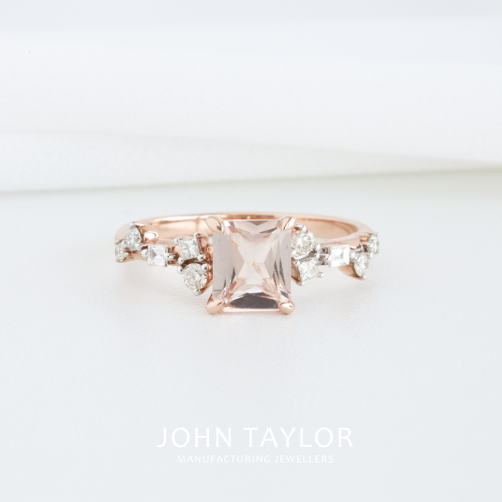 Emerald Cut Morganite & Diamond Asymmetric Cluster Ring