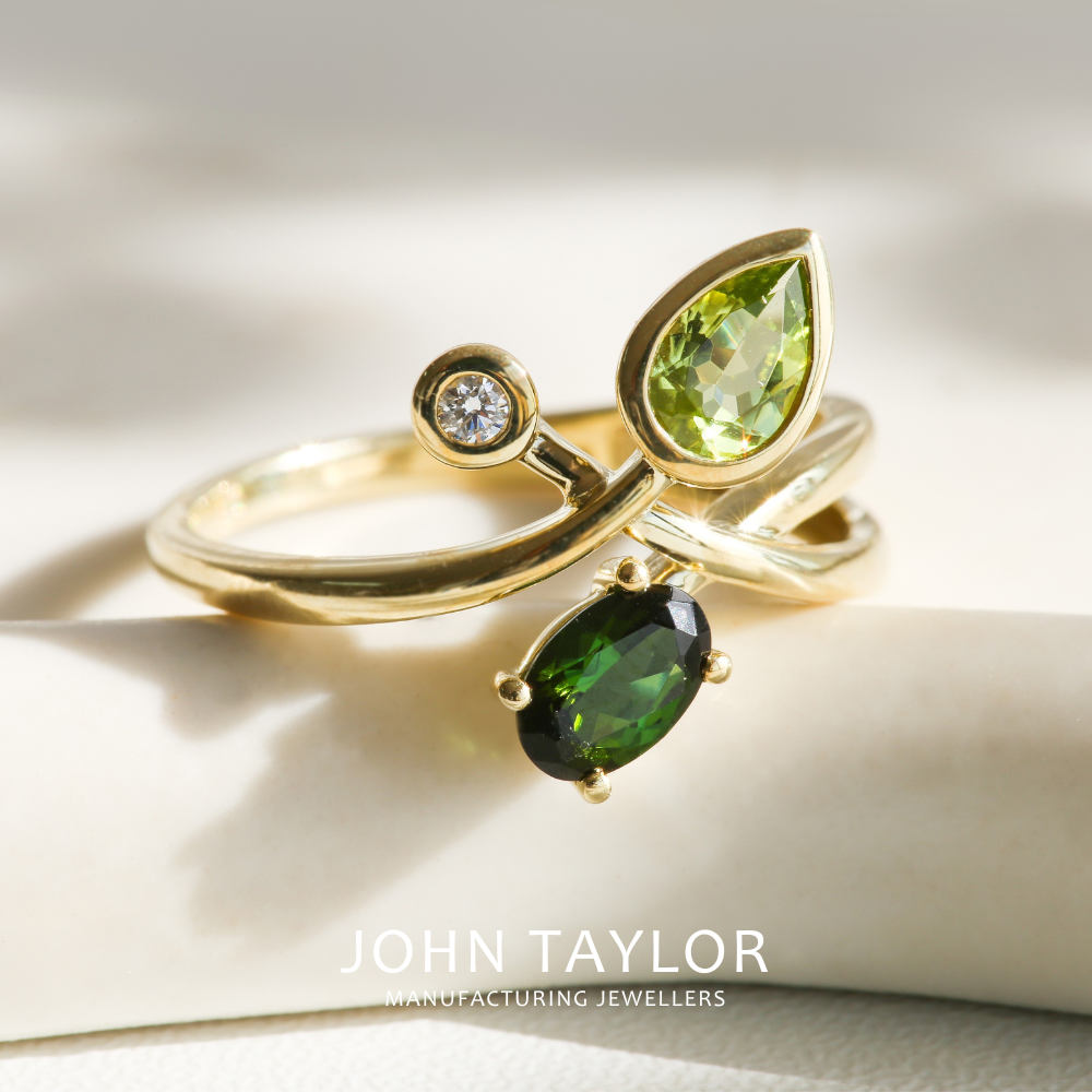 Green Tourmaline, Peridot & Diamond Organic Crossover Ring in Gold