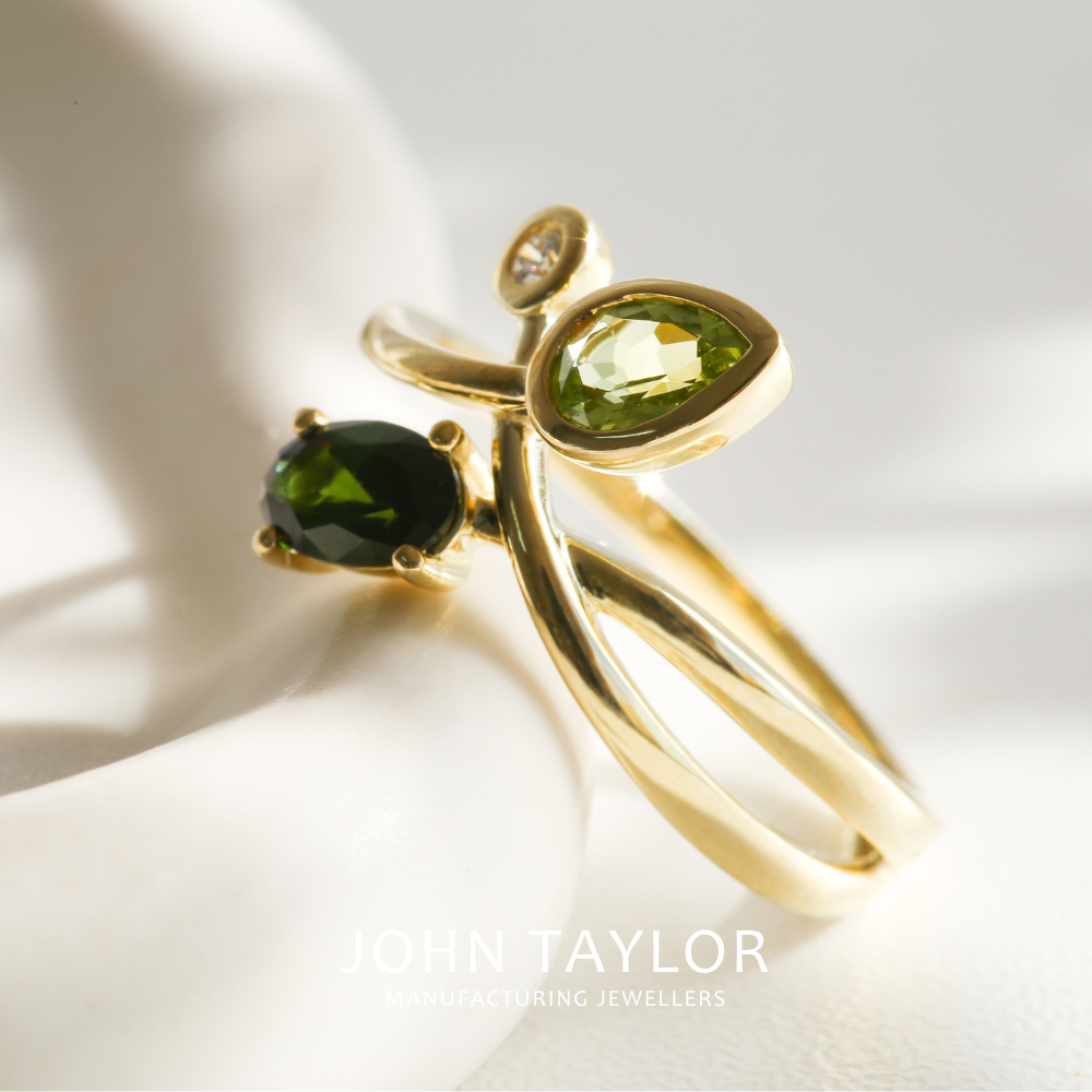 Green Tourmaline, Peridot & Diamond Organic Crossover Ring in Gold