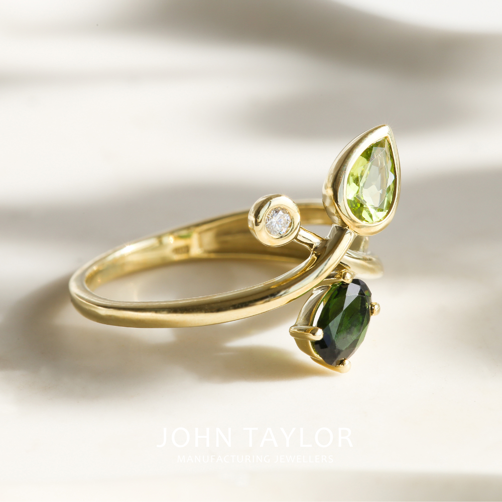 Green Tourmaline, Peridot & Diamond Organic Crossover Ring in Gold