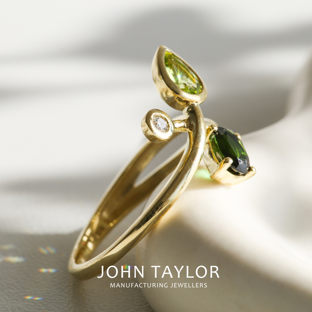 Green Tourmaline, Peridot & Diamond Organic Crossover Ring in Gold
