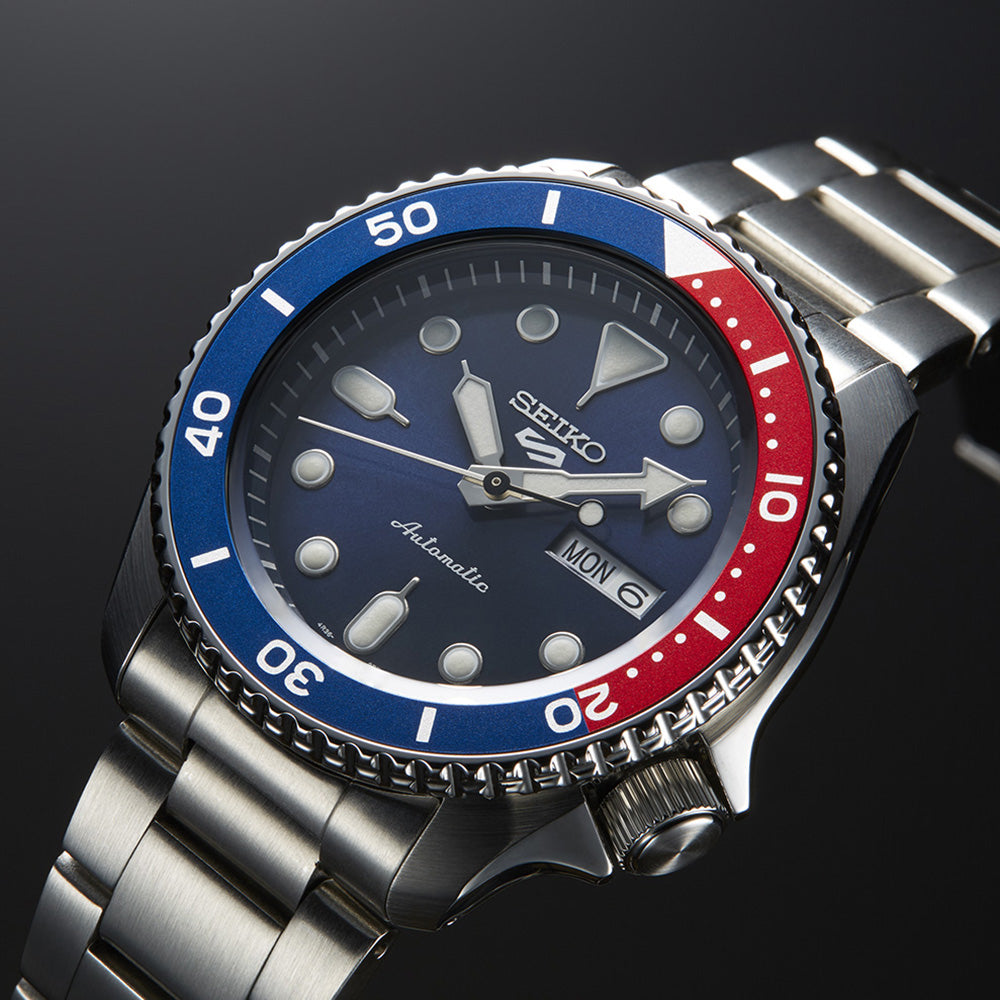 Seiko 5 Sports Automatic Watch in Silver/Blue/Red