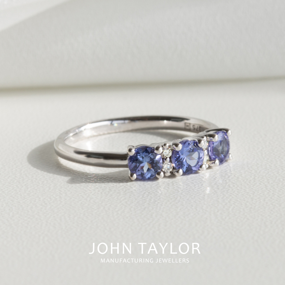 Tanzanite and Diamond Claw Set Ring in 9ct White Gold