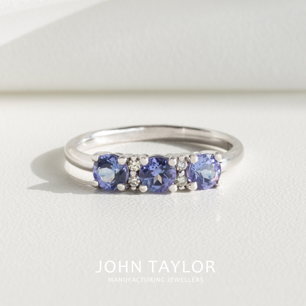 Tanzanite and Diamond Claw Set Ring in 9ct White Gold