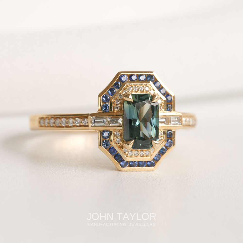 Vintage Art Deco Teal Sapphire and Diamond Ring in 9ct Gold