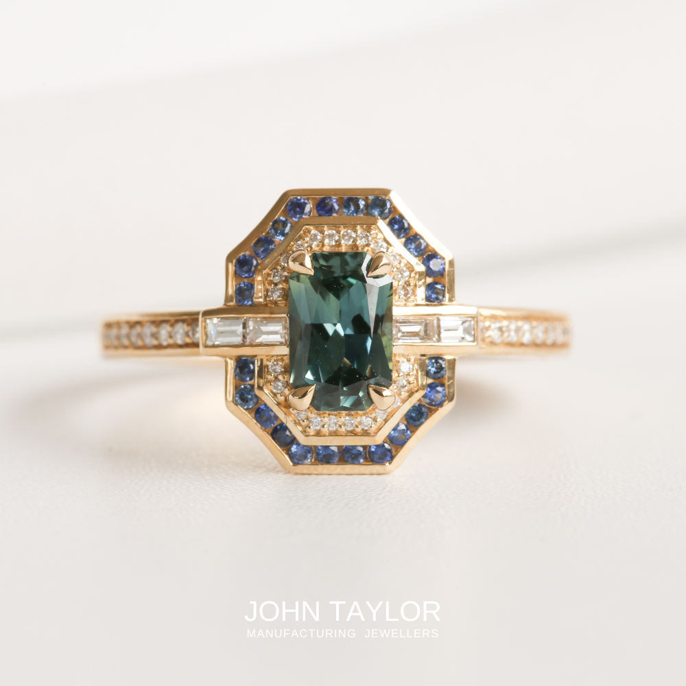 Vintage Art Deco Teal Sapphire and Diamond Ring in 9ct Gold