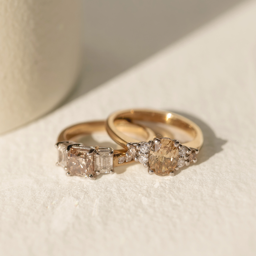 Champagne & White Diamond Three Stone Ring in Gold & Platinum