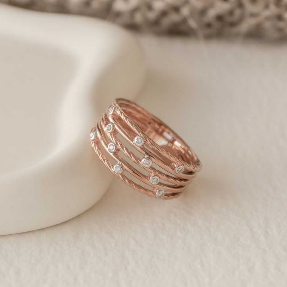 Five Twist/Plain Bar Diamond Ring in Rose Gold