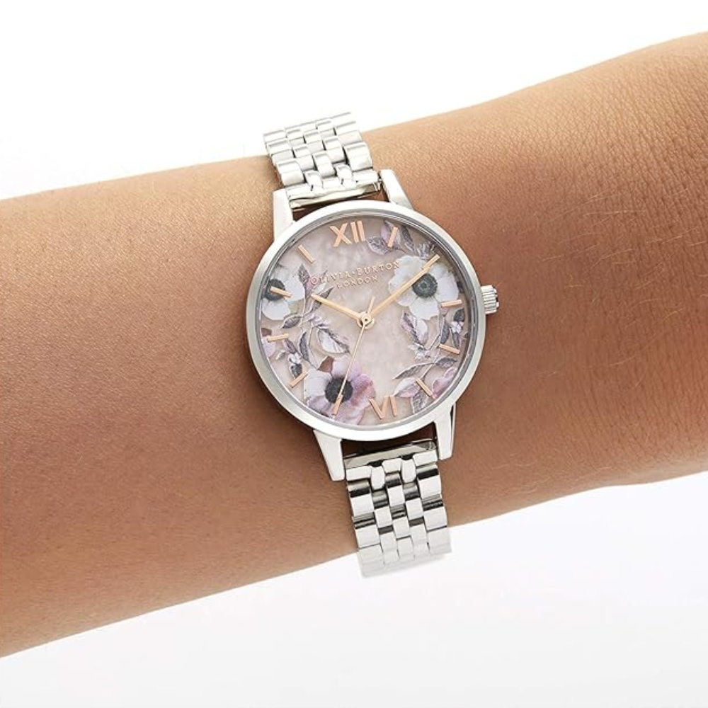 Olivia Burton Semi Precious Rose Quartz & Silver Watch