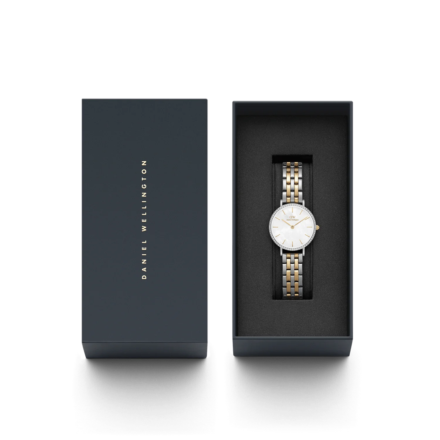 DW Petite Lumine Bezel 5-Link Watch in Two Tone/Mother of Pearl - 28mm