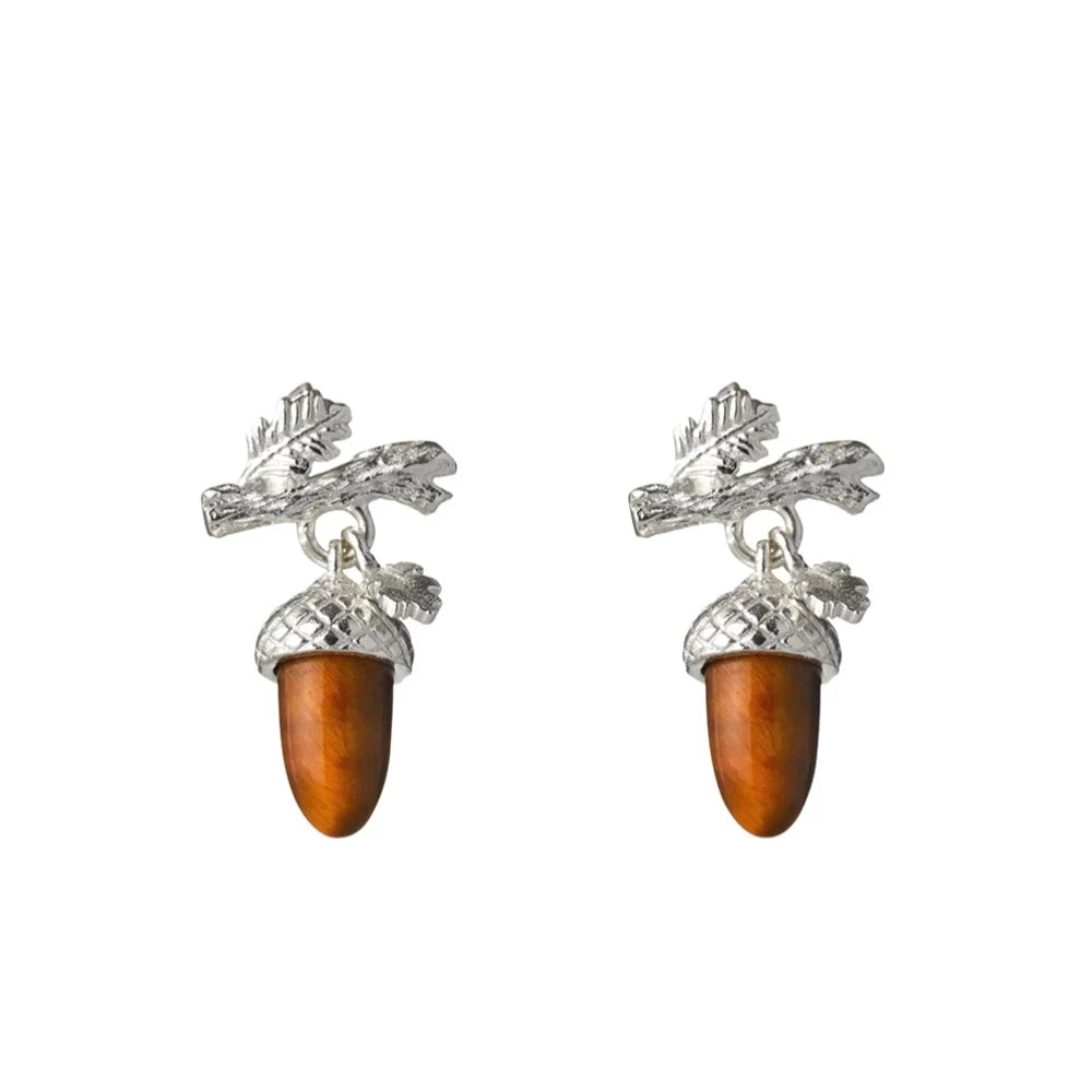 Karen Walker Silver Micro Acorn and Leaf Studs with Tigers Eye