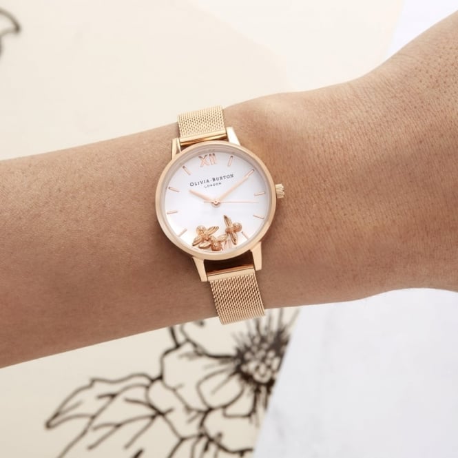 Olivia Burton Busy Bees Rose Gold Mesh Watch