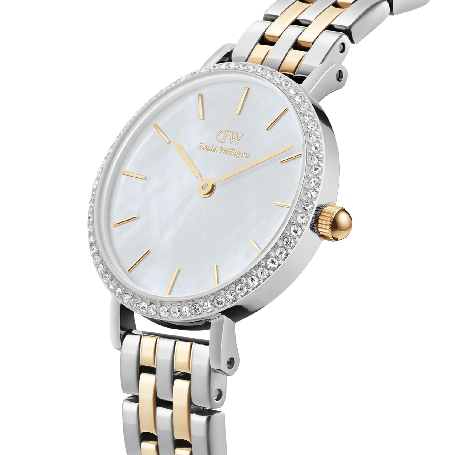 DW Petite Lumine Bezel 5-Link Watch in Two Tone/Mother of Pearl - 28mm