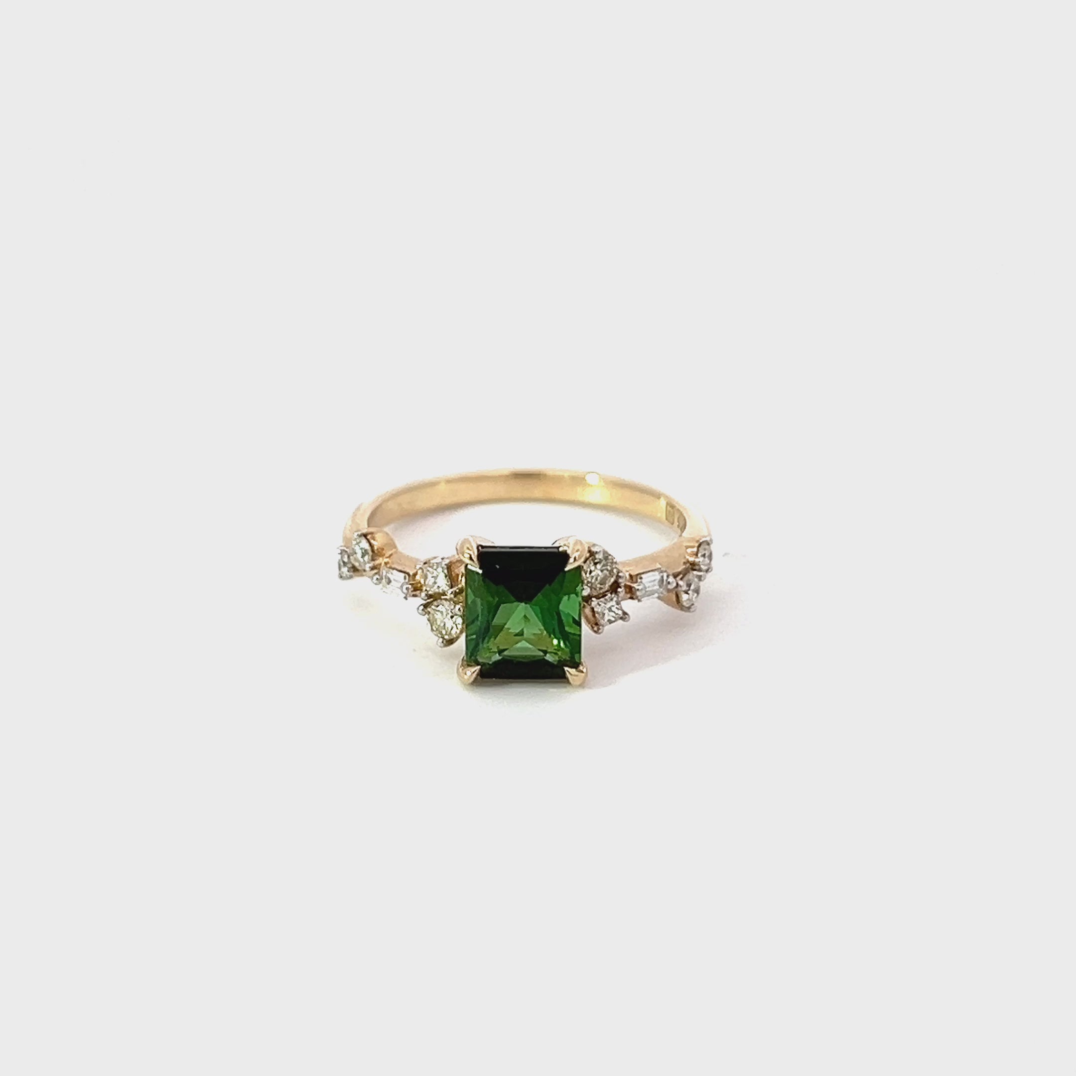 Emerald Cut Green Tourmaline & Diamond Asymmetric Cluster Ring