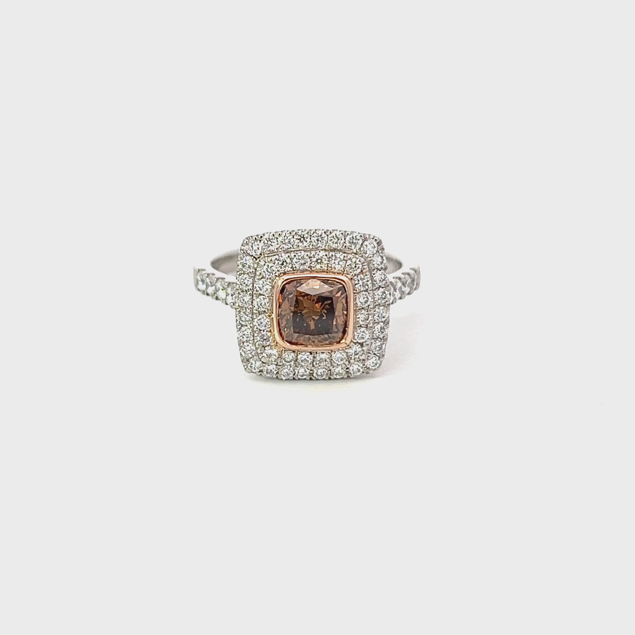 Double Halo Cushion Cut Cognac Diamond in Platinum & 18ct Gold