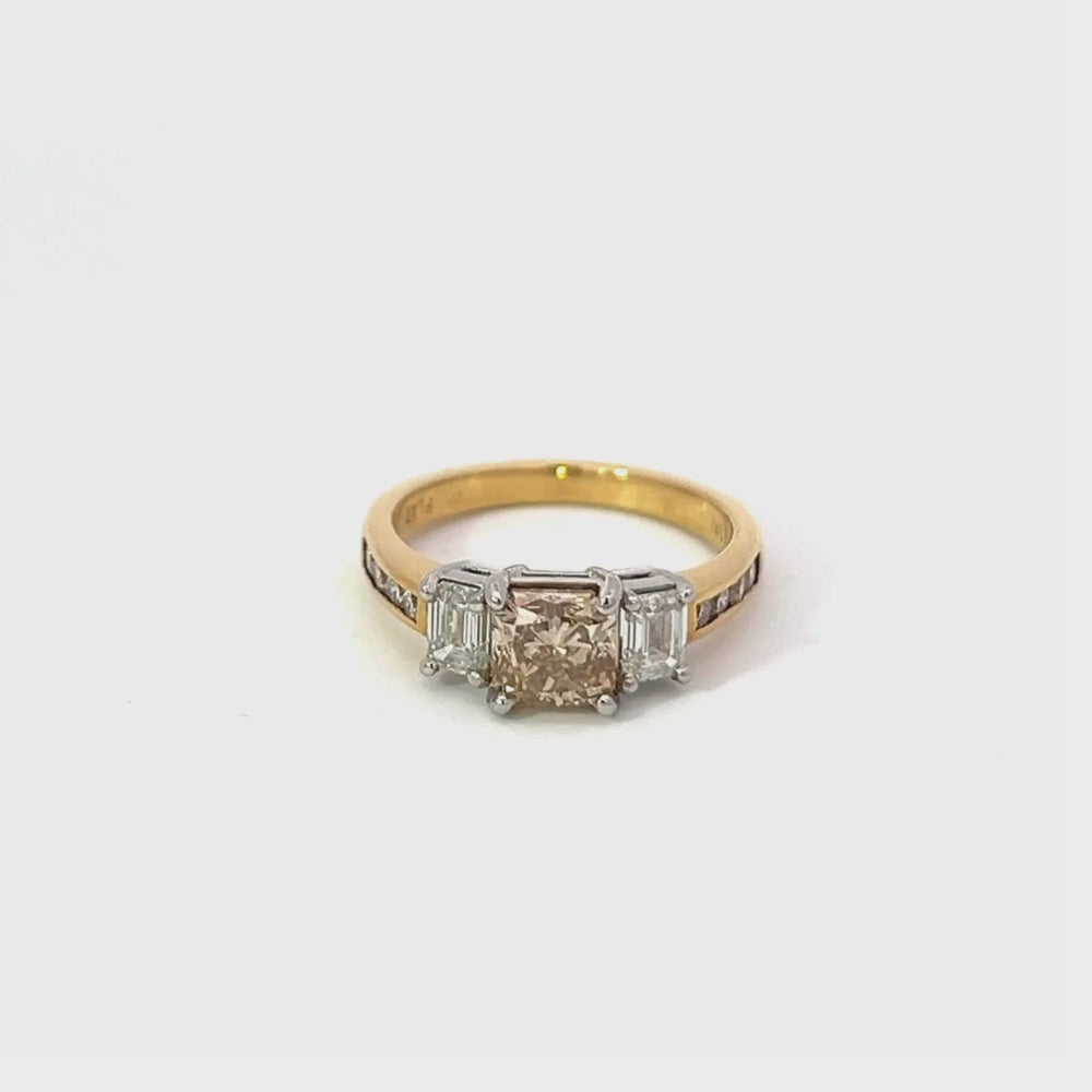 Champagne & White Diamond Three Stone Ring in Gold & Platinum